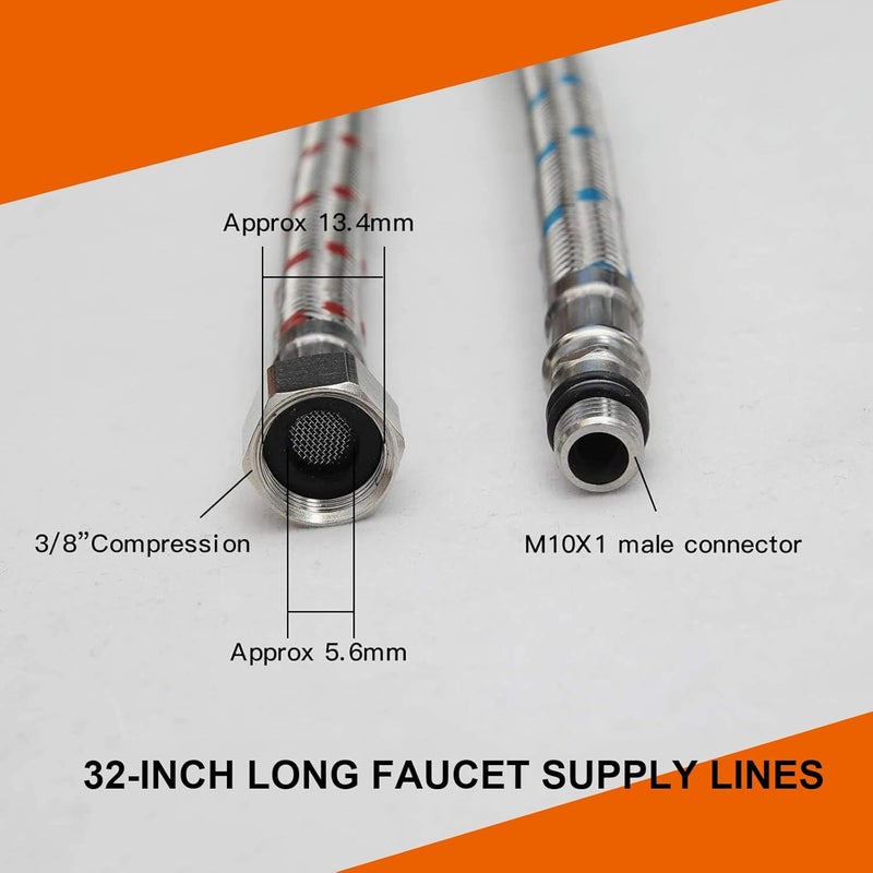 RUITHOE Flexible Connector Braided Stainless Steel Bathroom Faucet Supply Lines Bathroom Kitchen Faucet Hose 32" Length 3/8-Inch Female Compression Thread x M10 Male Connector x 2 Pcs (1 Pair) - Image 2
